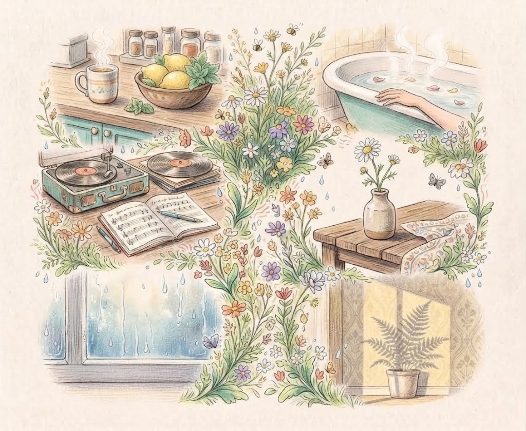 Ilustracija malih bljeskova ljepote: šalica čaja i limuni, gramofon, topla kupka, cvijet u vazi, kiša na prozoru i sjena paprati na zidu, povezani cvijećem