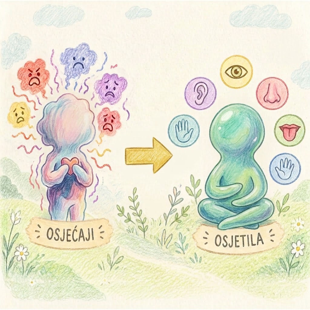 Ilustracija koja prikazuje prelazak iz buke osjećaja u mir osjetila